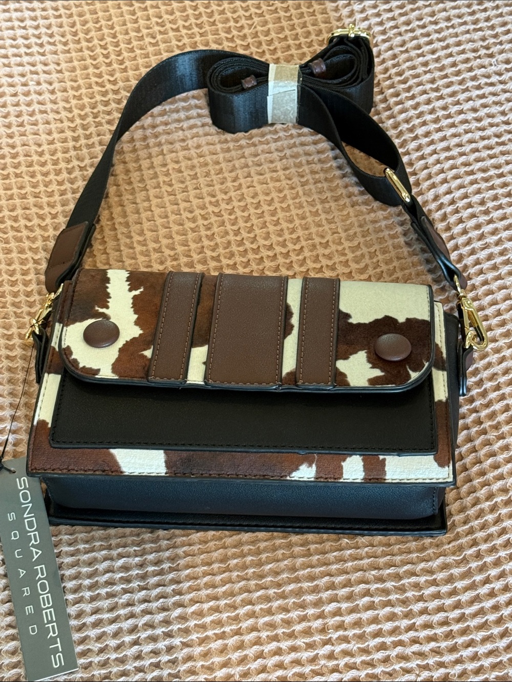Sondra Roberts Squared Brown, White & Black Cowhide Crossbody Bag